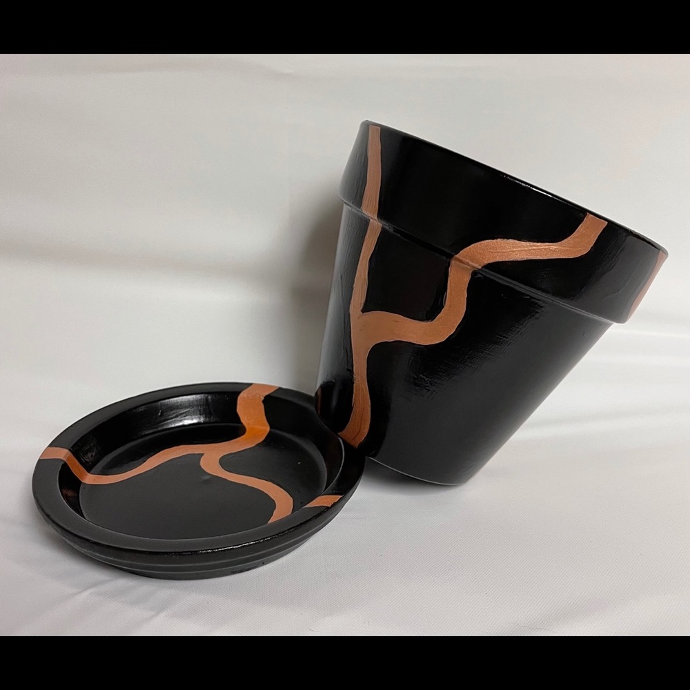 Hand painted decorative clay pot with saucer- 4”.